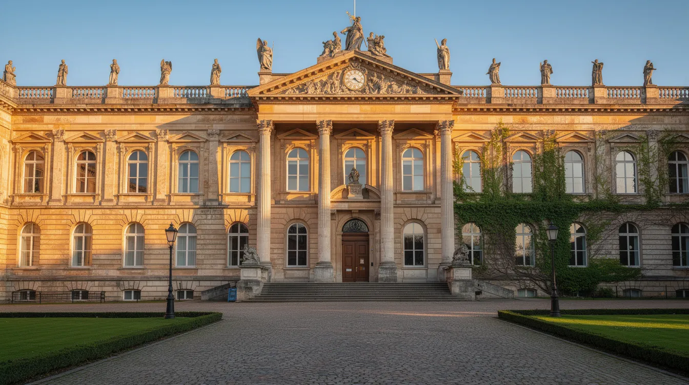 The image depicts a historic European university building showcasing classical architecture, characterized by grand columns and intricate stonework, symbolizing the pursuit of advanced degrees such as a PhD or doctoral degree. This impressive structure serves as a backdrop for academic achievement and the completion of rigorous programs in various fields of study.