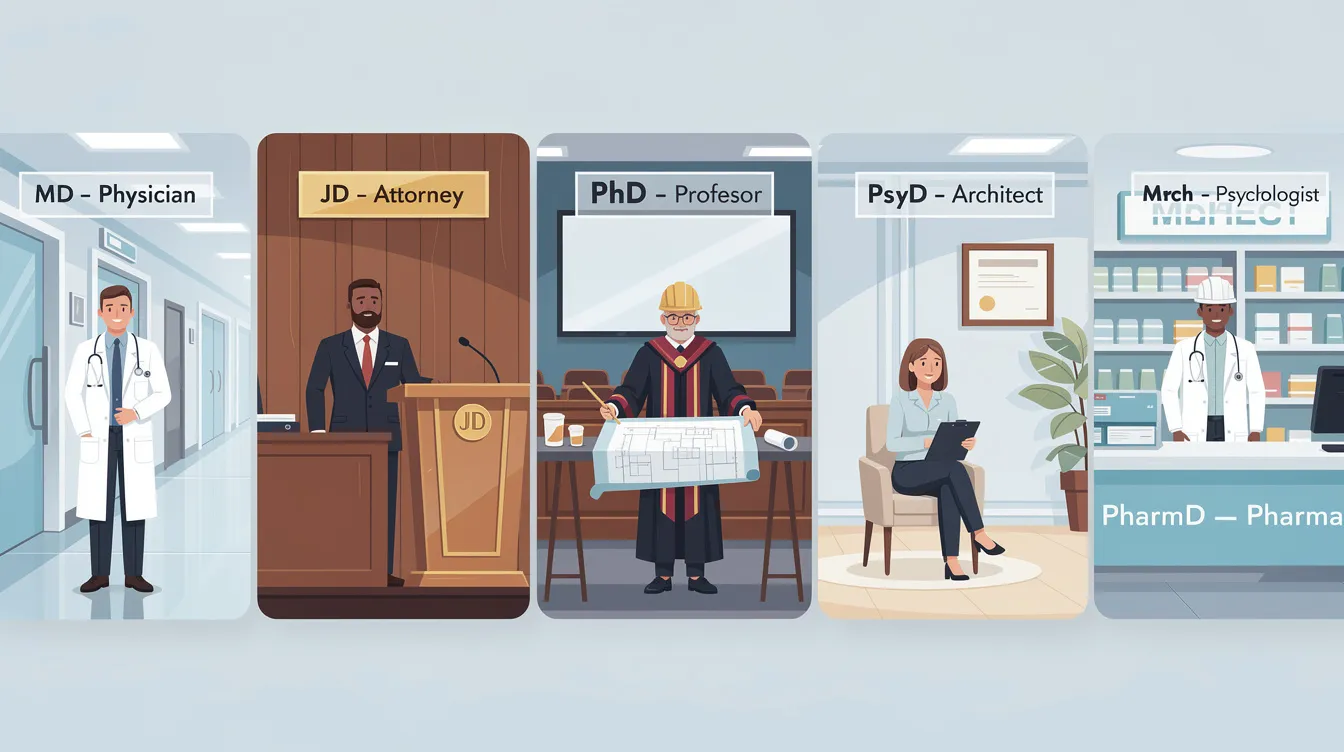 The image depicts a diverse group of professionals from various disciplines, including education, law, and healthcare, showcasing the importance of terminal degrees such as doctoral degrees and professional doctorates for career advancement. These individuals represent the highest academic credentials needed to excel in their respective fields and contribute to original research and leadership roles.
