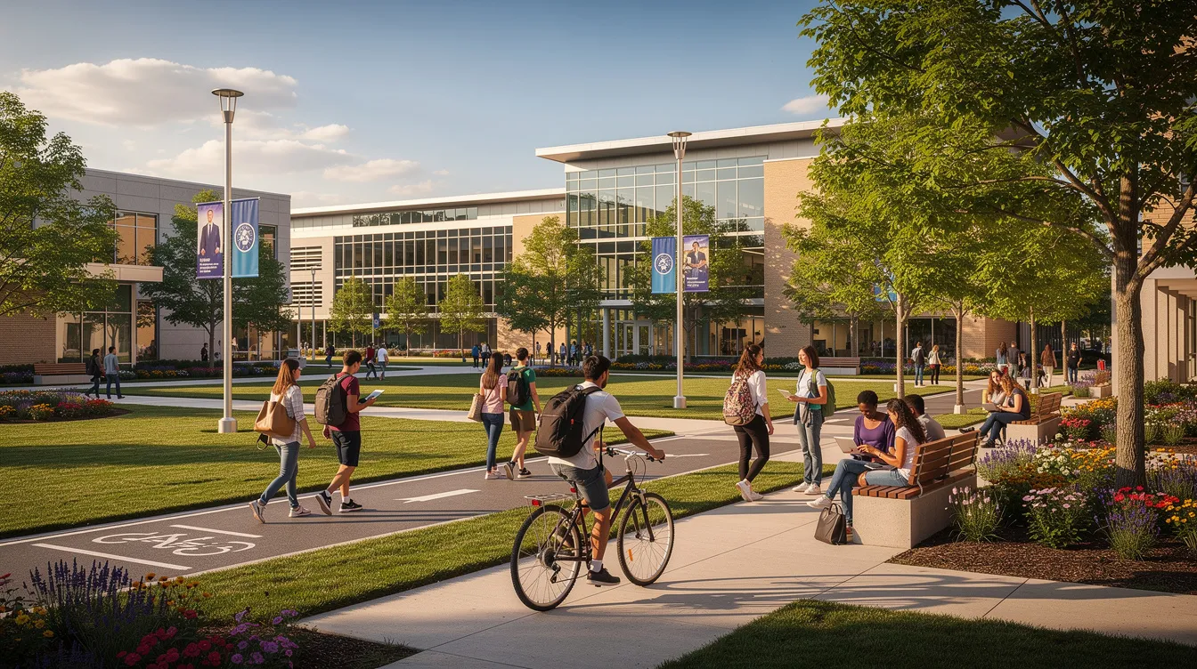 The image depicts a vibrant university campus bustling with students attending classes, showcasing a mix of undergraduate and graduate students engaged in their studies. Various groups can be seen discussing coursework, reflecting the diverse degree programs available, including bachelor's degrees and master's programs in fields like computer science and liberal arts.