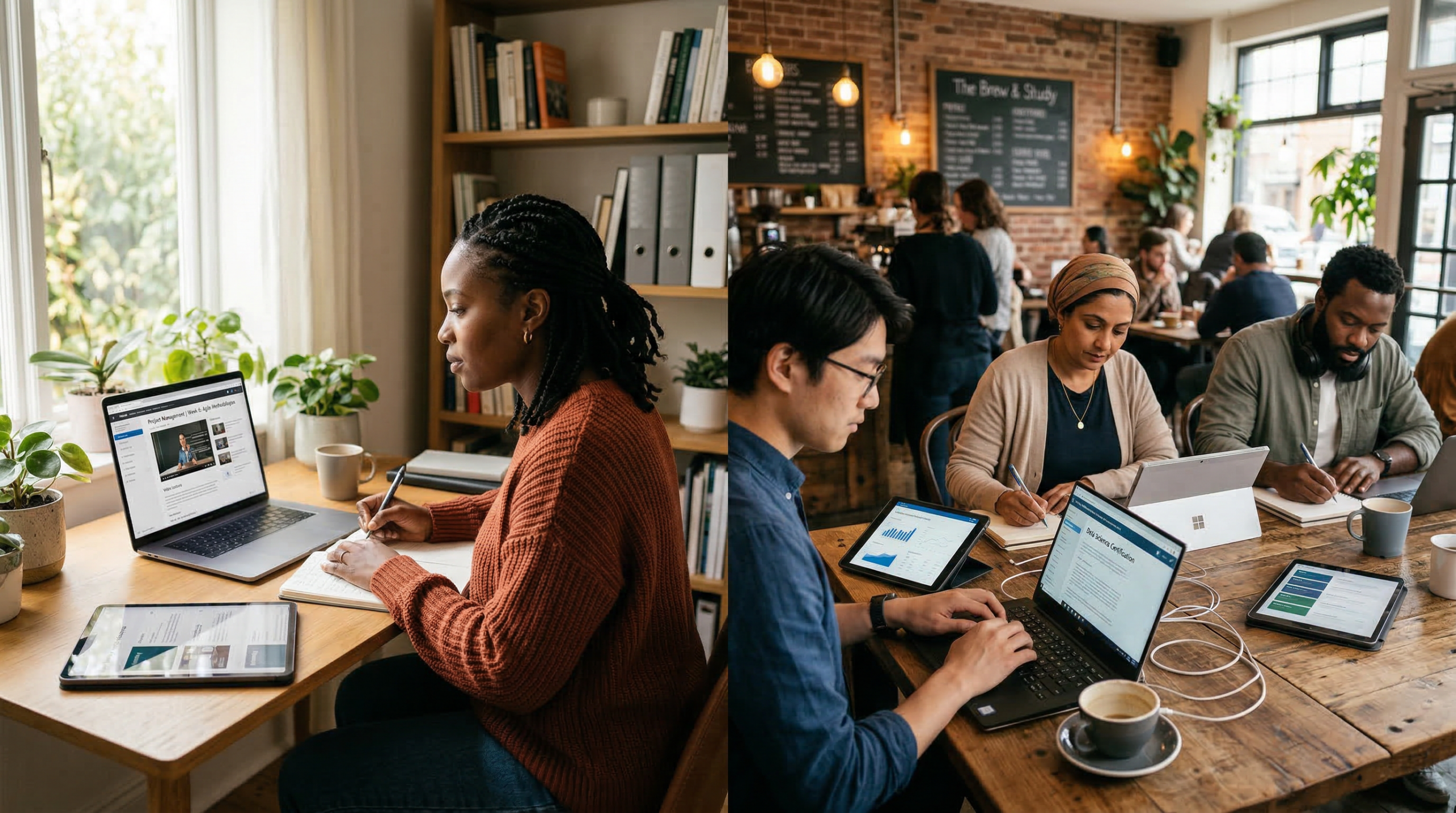 Diverse group of working adults studying online