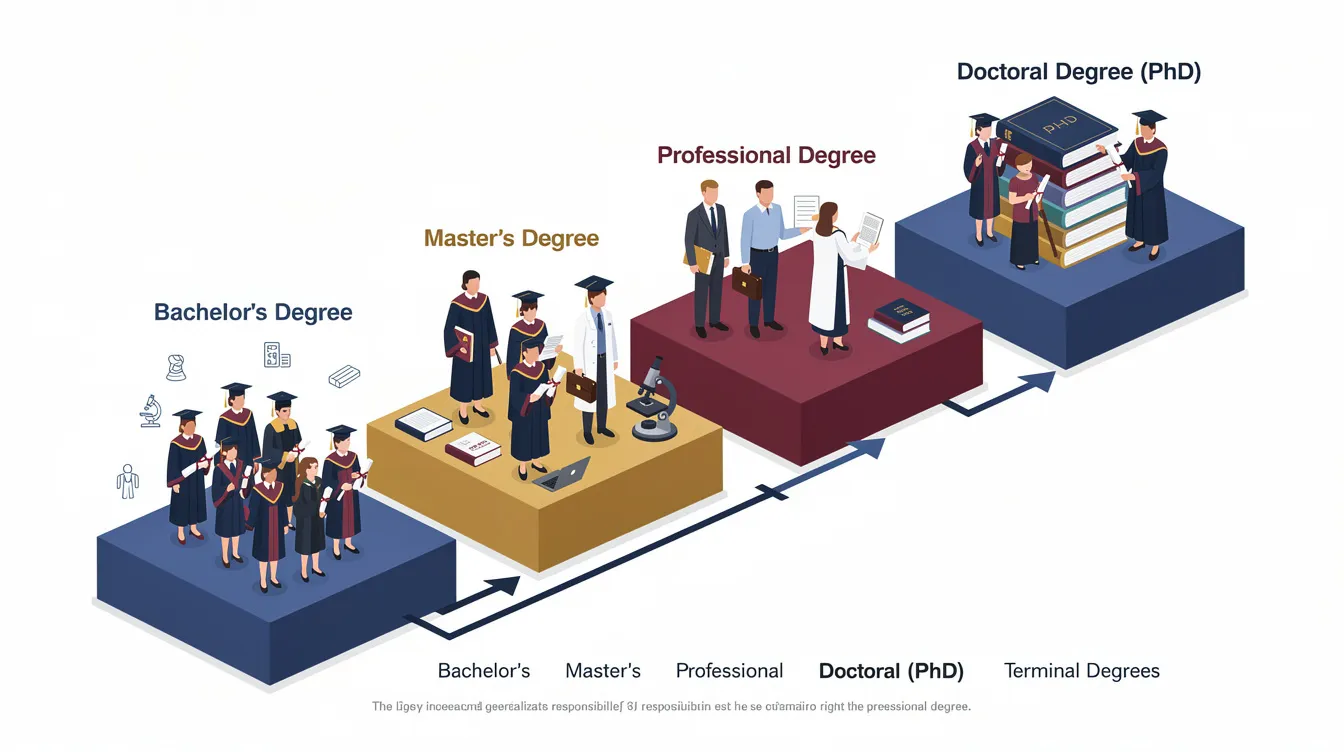 The image illustrates the educational ladder from a bachelor's degree to various terminal degrees, including master's degrees, doctoral degrees, and professional degrees. It highlights the significance of terminal degrees, such as the Doctor of Philosophy and the Doctor of Education, in achieving the highest academic credentials and advancing in professional fields.