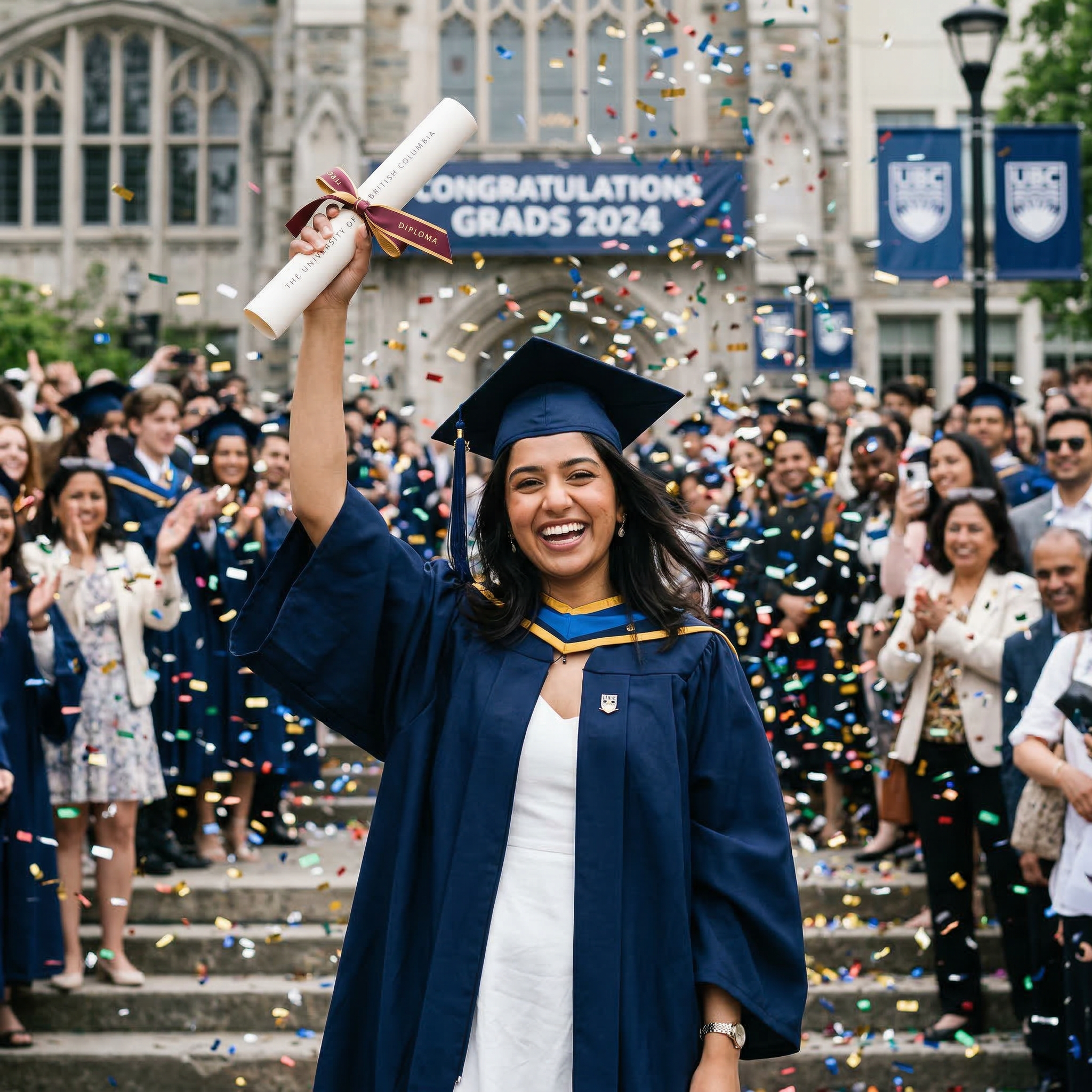 Happy graduate proudly holding a high school diploma replica