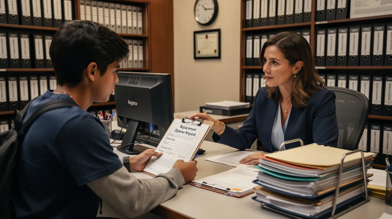 A high school registrar is assisting a student with a request for a replacement diploma, discussing the necessary forms and processing time for obtaining an official copy of the lost high school diploma. The registrar provides guidance on verifying personal information and the steps required to fulfill the request.