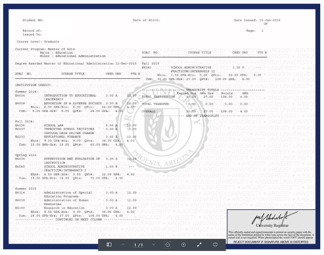Official transcript document showing grades and graduation date