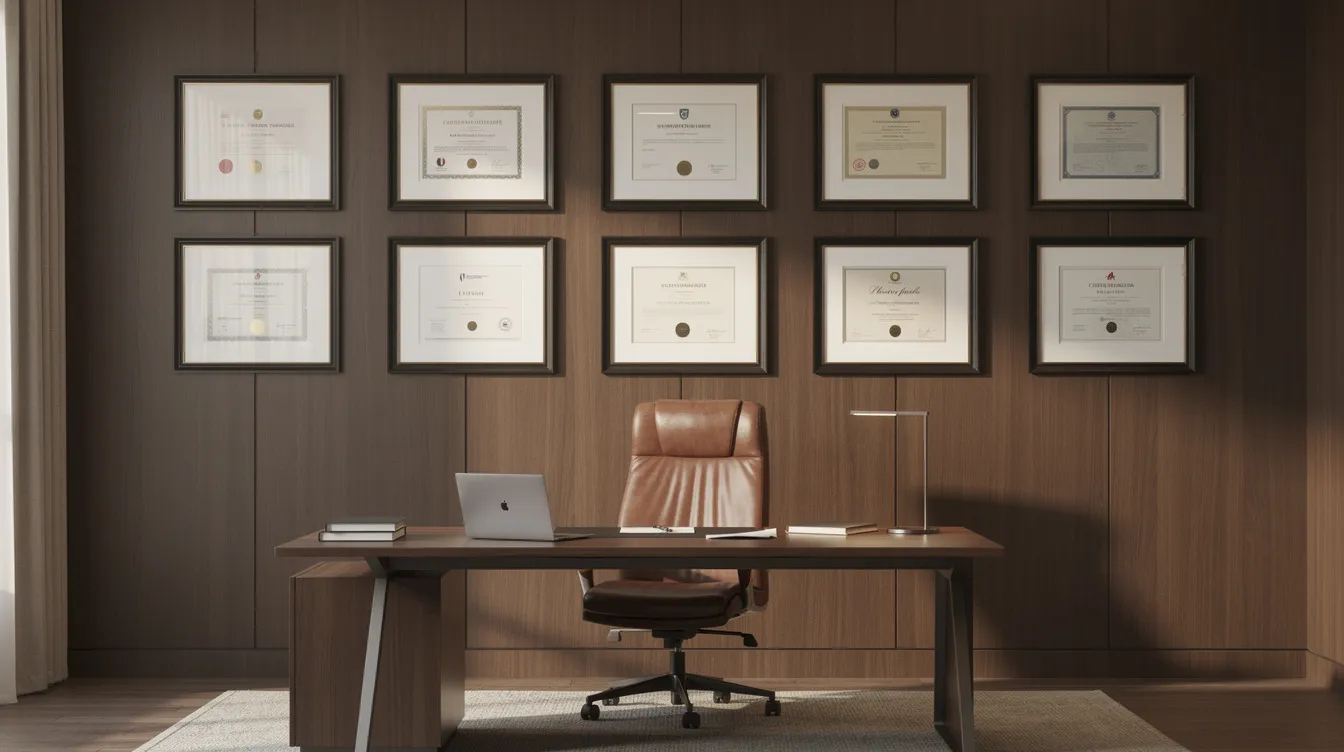 The image features a professional office with a wood-paneled wall adorned with framed certificates, including diplomas for various academic achievements such as a PhD degree and other advanced degrees. This setting reflects the accomplishments of doctoral students and graduates in their respective fields.