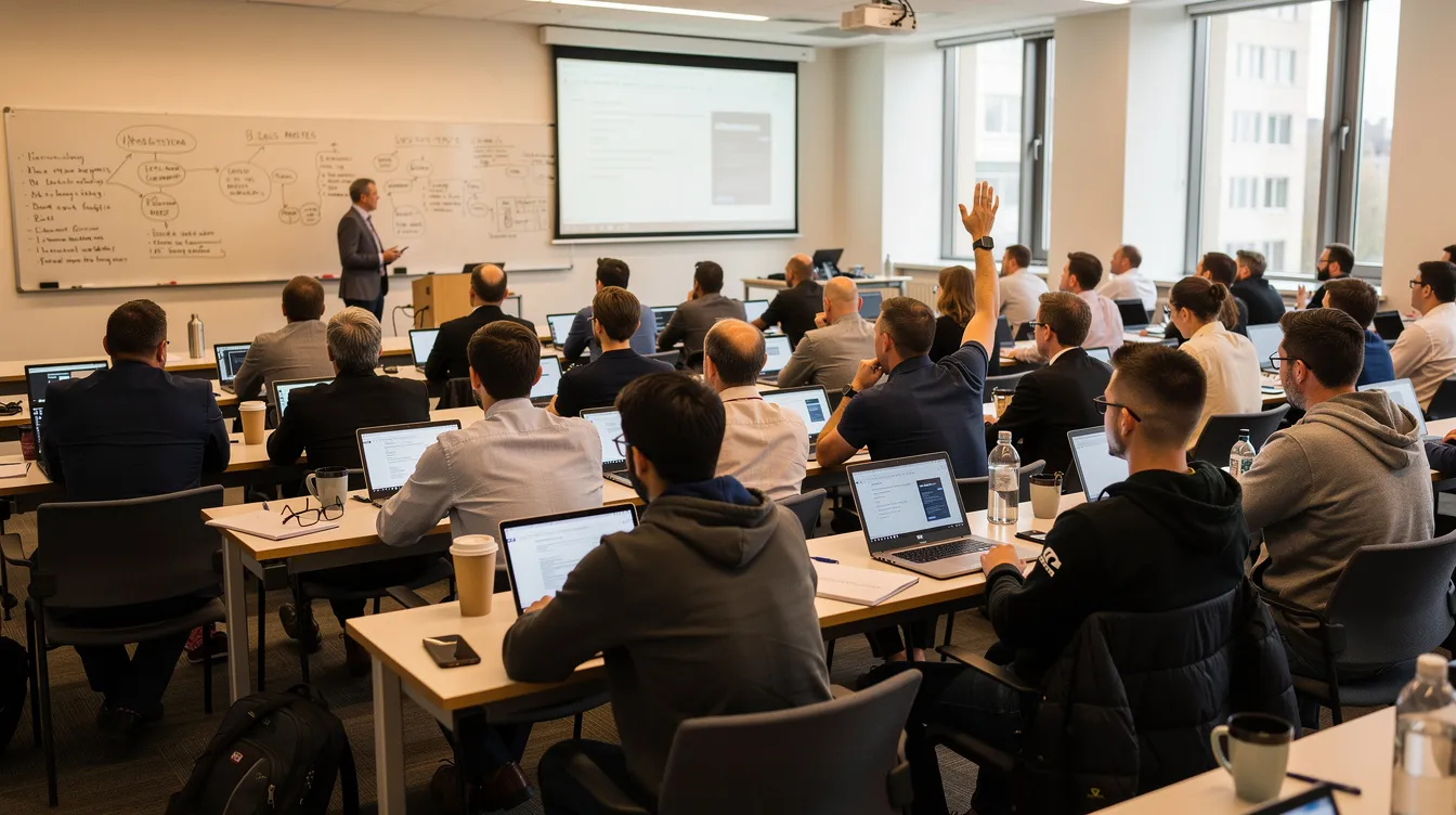 The image depicts a diverse group of students attending a master's degree level course in a university lecture hall, engaged in learning and discussion. This setting highlights the importance of advanced education and the pursuit of higher academic achievement among college graduates.
