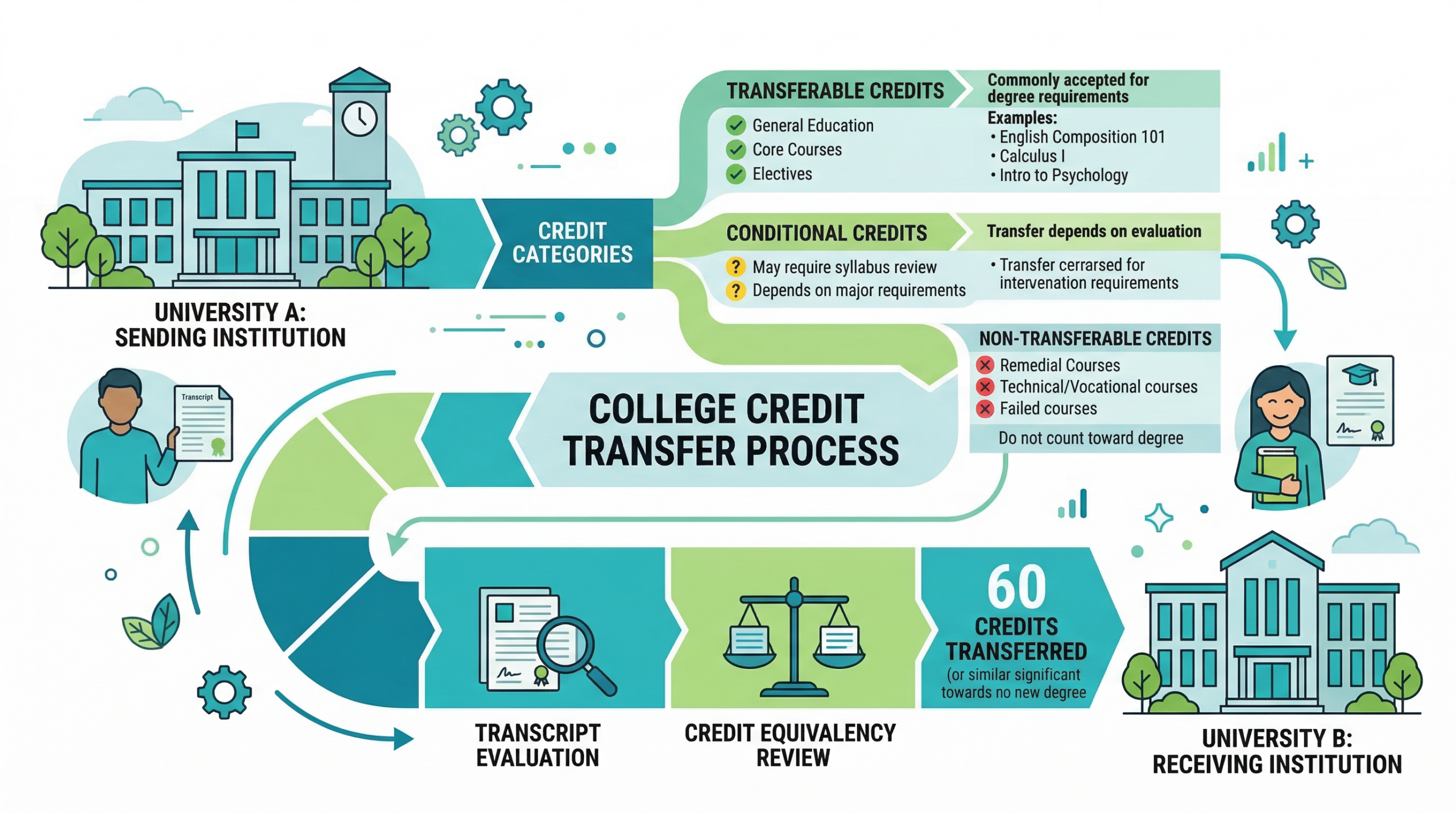 Diagram showing transfer of college credits between universities