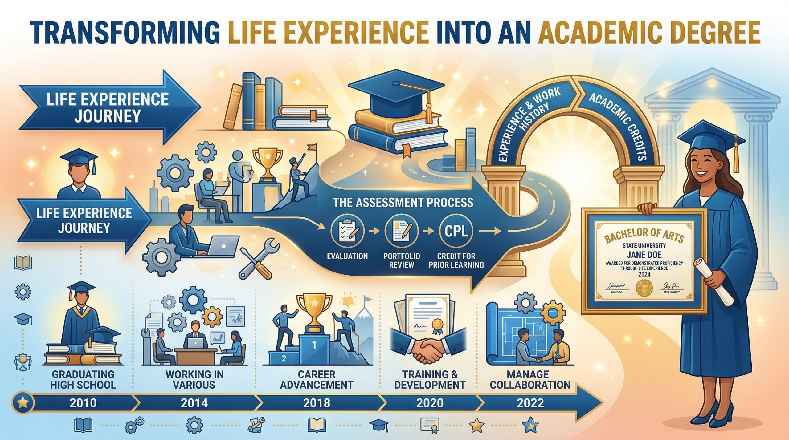 Conceptual illustration of life experience degree process