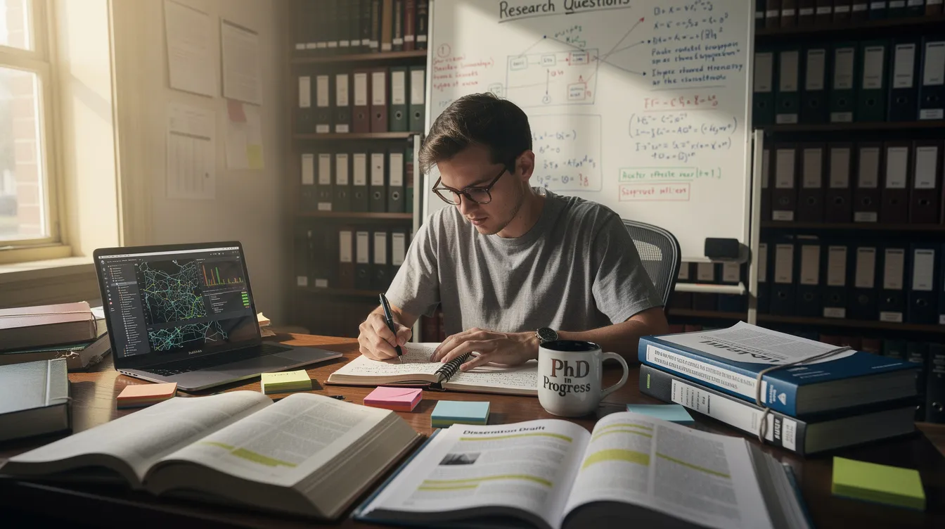 A graduate student is deeply focused on conducting original research for their terminal degree dissertation, representing a significant step in their academic journey towards achieving the highest academic credential in their field. This image captures the essence of advanced education and the pursuit of doctoral degrees, highlighting the dedication required for academic achievement.