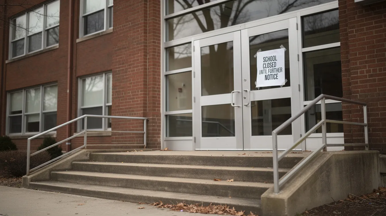 The image shows a closed high school building with a notice prominently displayed on the door, indicating that the school is no longer in operation. This old high school may have been a place where many students received their high school diploma and attended classes before its closure.