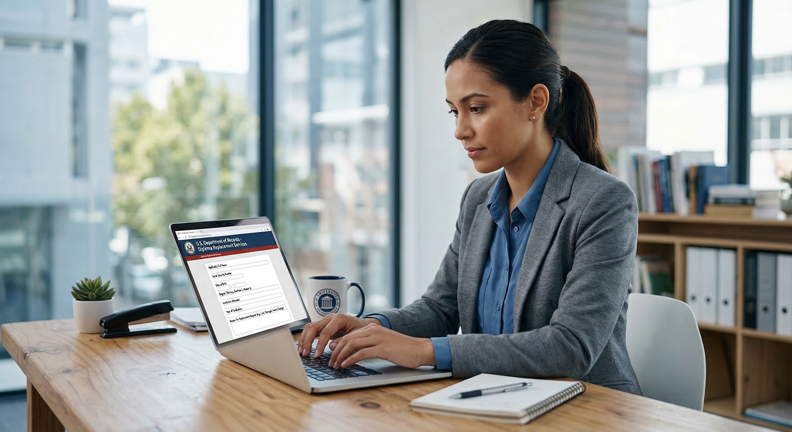 Person filling out a diploma replacement request form online