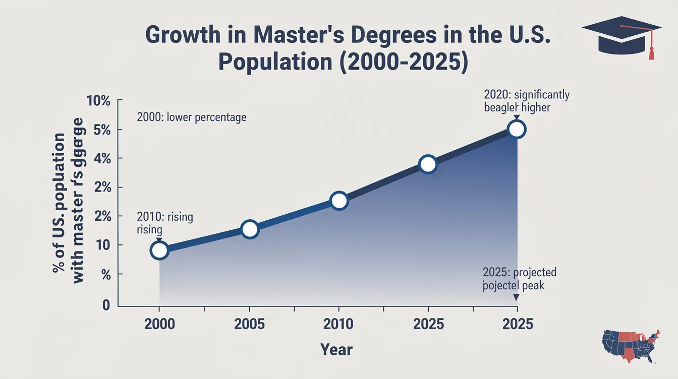 The infographic illustrates the growth in the percentage of the U.S. population holding master's degrees from 2000 to 2025, highlighting trends in educational attainment and the increasing number of graduate degrees conferred. It emphasizes the shift towards advanced education, showcasing the rising number of master's degree holders compared to those with only a high school diploma or bachelor's degree.