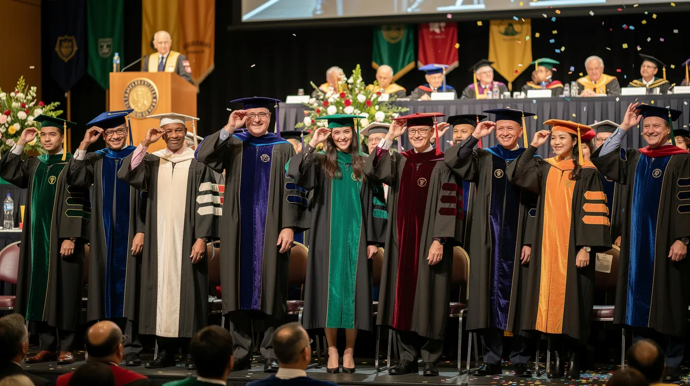 The image depicts a graduation ceremony featuring doctoral graduates in academic regalia and caps, celebrating their achievement of earning a doctorate degree. The atmosphere is filled with pride as these PhD graduates commemorate their successful defense and completion of rigorous research programs.