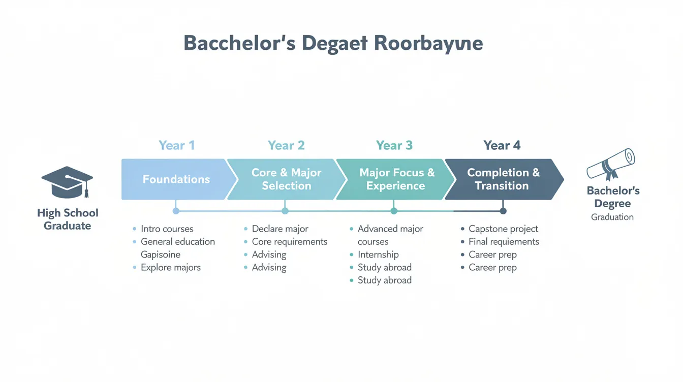 The image depicts a timeline illustrating the typical four-year progression of a bachelor's degree program, highlighting key milestones such as general education courses, major-specific classes, and the importance of earning college credits. This visual guide serves to inform high school students and university students about the steps needed to earn their bachelor's degree and prepare for their desired career path.