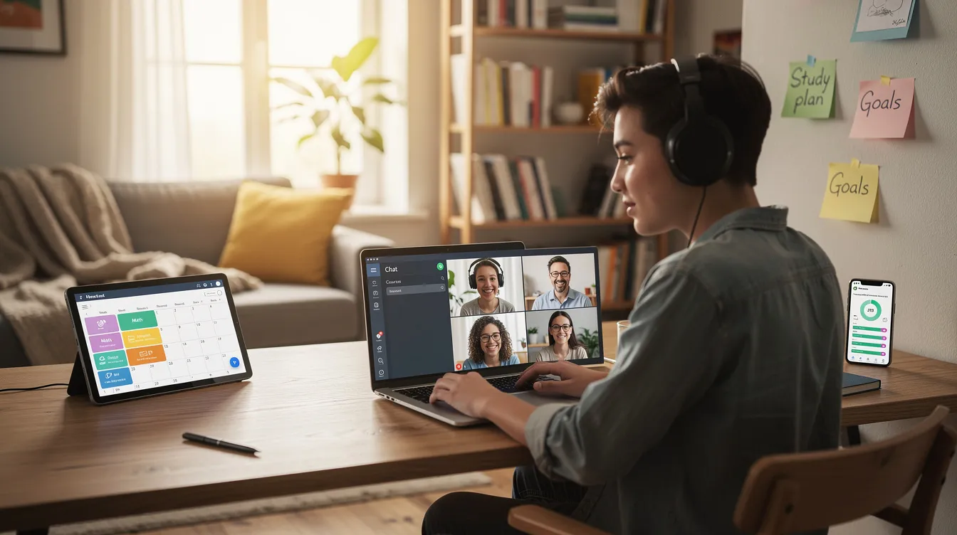 The image depicts a flexible online learning environment, showcasing students engaged in their studies from various locations, utilizing technology to earn accredited life experience degrees and college credits through experiential learning. This setting emphasizes the importance of prior learning assessment and competency-based degrees for working adults seeking to advance their careers.